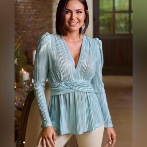Metallic Pleated Knit Long-Sleeve Top Light Blue Sizes Size M